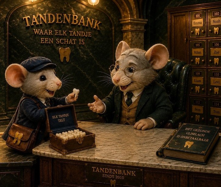 Ratoncito Pérez brengt een mooi wit tandje naar de Tandenbank